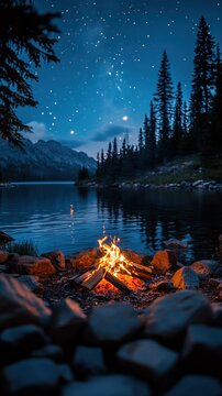 Lakeside campfire under starry night sky