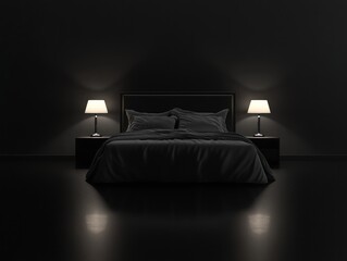 Dark bedroom with bed, lamps, and nightstands.