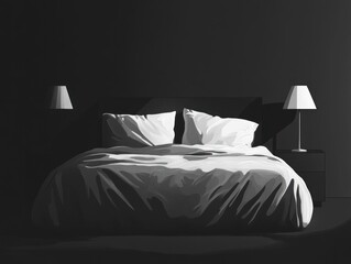 Dark bedroom with bed, lamps, and pillows.