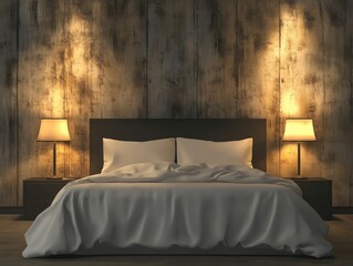 Dark bedroom with king-size bed, lamps, and textured wall.