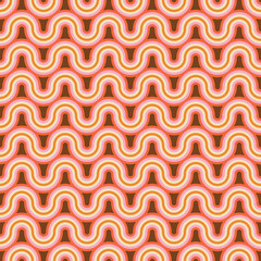 Retro waves in warm tones create a groovy, seamless pattern.  Brown, orange, and pink hues evoke a 70s vibe in this bold, repeating design.