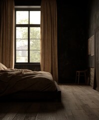 Dark bedroom with large window, bed, and wooden floor.