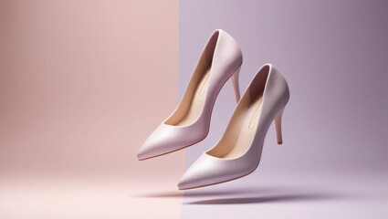 Elegance Elevated: A pair of high heels poised mid-air against a soft pastel backdrop, exuding sophistication and style.