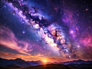 Naklejka premium Panoramic Violet Galaxy: Starry Night Sky Background, Cosmic Dust, Glowing Nebula