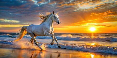 Panoramic White Horse Galloping on Sandy Beach at Sunset
