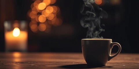 Glowing coffee cup with steam on dark background creating warm inviting atmosphere with serene ambiance, atmosphere, inviting