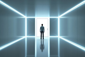 A Person Standing Before a Door in an Endless White Void