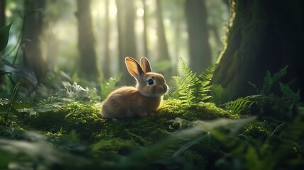 A small, fluffy rabbit sitting on a bed of vibrant green moss surrounded by tall trees and soft, dappled sunlight filtering through the leaves in a serene forest setting