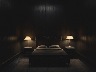 Dark bedroom with wooden walls, bed, and lamps.