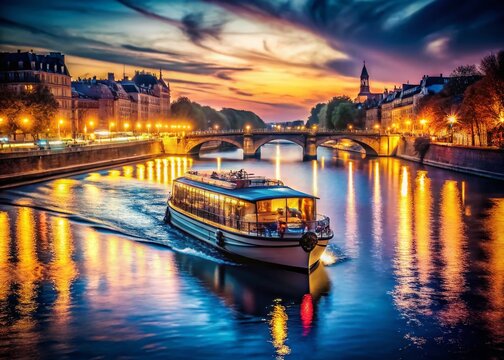 Parisian Night Cruise: Double Exposure of Fly-Boat and Seine River Lights