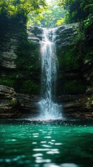 Lush jungle waterfall, cascading pool