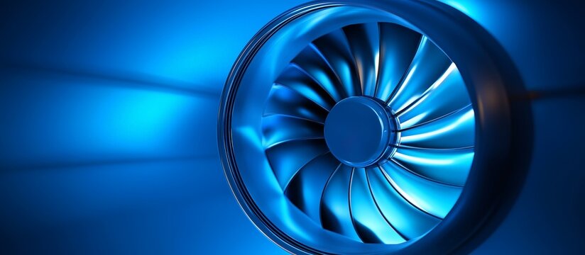 Close-up of a metallic blue rotor with smooth, curved blades in a blue setting.