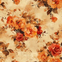 Fototapeta premium Watercolor Orange And Red Roses Seamless Pattern On Beige Textured Backgrounds Pattern Design Art