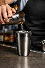A bartender skillfully pours a mix of spirits and mixers into a metal shaker while preparing a drink at a bustling bar. The atmosphere is lively and energetic