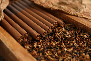 Dry tobacco, leaves and cigarettes on table, closeup