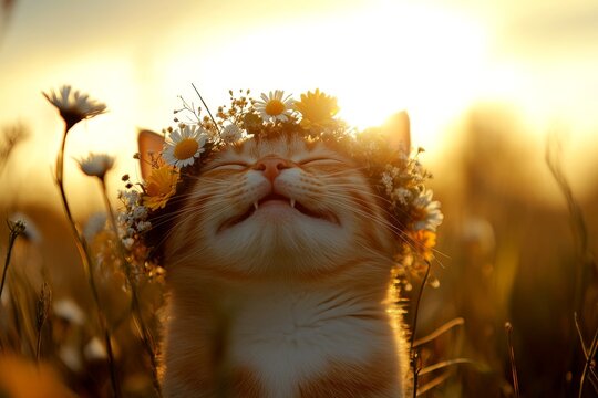 Vacation time happiness. Cute adult cat pixiebob wearing untamed flower crown on its head. Golden hour in sunset. Pet with nature&acirc;&euro;&trade;s beauty. Radiant holiday fun for pets. Happy little kitten.