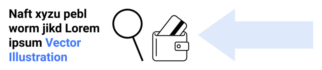 Magnifying glass examines text near wallet with cards, large blue arrow pointing right. Ideal for business analysis, financial advice, online payment, secure transactions, research, direction