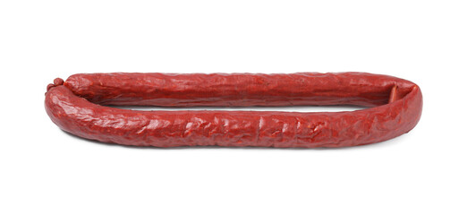 Delicious thin smoked sausage isolated on white