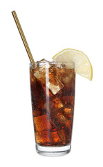 Refreshing cola with slice of lemon, ice cubes and drinking straw in glass isolated on white