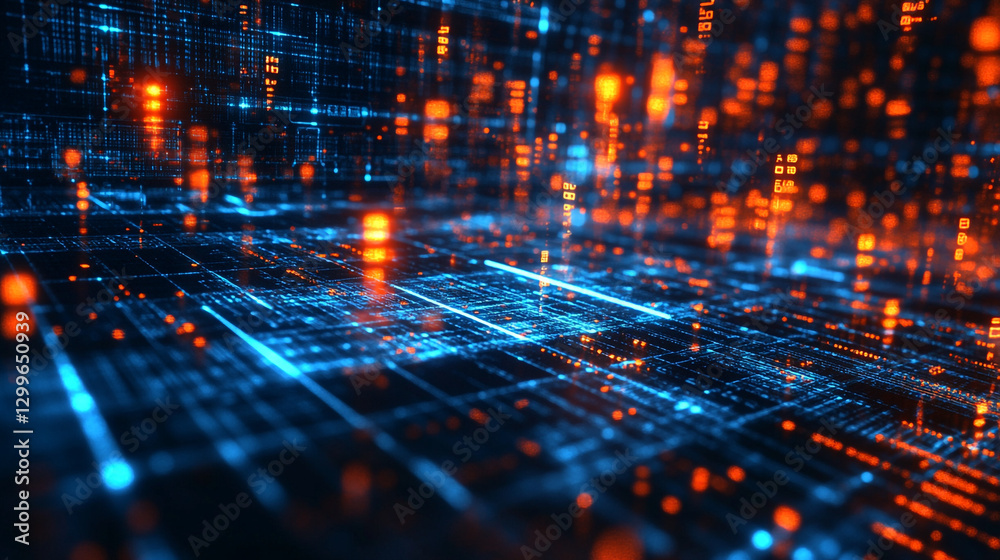 Poster abstract digital network technology background with blue and orange glowing lines web data code cybe