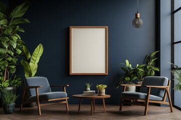Dark blue room interior with two armchairs, coffee table, plants, and a blank poster frame.