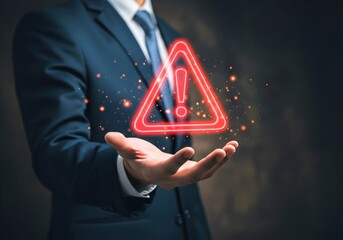 Businessman holding glowing red triangle caution warning exclamation sign for notification error and maintenance concept. technology