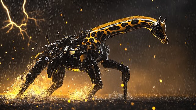 A futuristic robotic giraffe standing majestically, illuminated against a dramatic stormy background with lightning and swirling sparks - Powered by Adobe