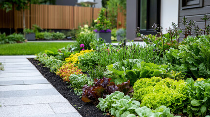 Lush garden with vibrant vegetables and herbs, showcasing drip irrigation