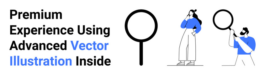 Woman pondering and man inspecting with magnifying glass, emphasizing search, analysis, data discovery. Ideal for analytics, brainstorming, strategy, research, innovation problem-solving flat