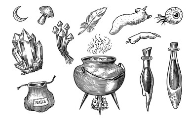 Big collection of wizardry elements for magic rituals or tarot deck, cauldron and crystals tongue, dead eye, mushrooms Halloween different witchcraft and sorcery tmagician and voodoo hand drawn 