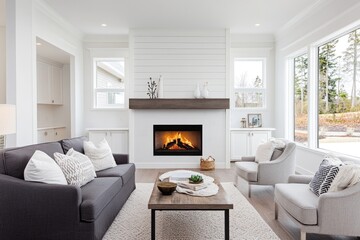Cozy living room with fireplace, sofa, and armchairs.