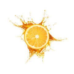 Fresh orange and splashing juice on white background