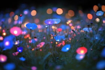 Pulsating Bioluminescent Flowers in a Midnight Field of Colors