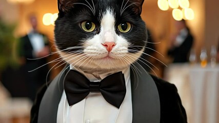 Cat dressed in tuxedo at formal event capturing attention of guests in elegant setting with warm lighting