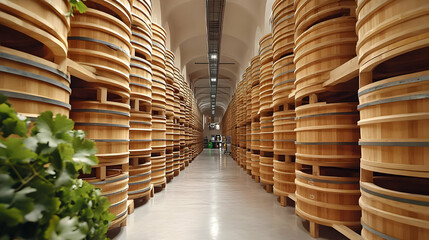 Wooden Barrels In Industrial Warehouse