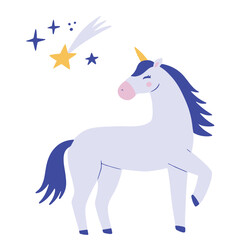 Magic cute unicorn. Cartoon style beautiful unicorn for kids stuff, posters, cards etc. Vector illustration