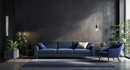 Obraz premium Dark blue velvet sofa and armchair in modern living room.
