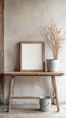 Rustic Wooden Table with Blank Frame, Dried Flowers, and Metal Buckets - Mockup