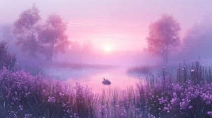 Obraz premium Misty sunrise lake, bird, purple flowers, peaceful scene