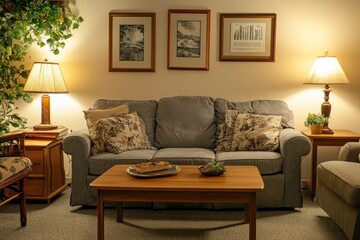 Cozy living room with sofa, lamps, and framed art.