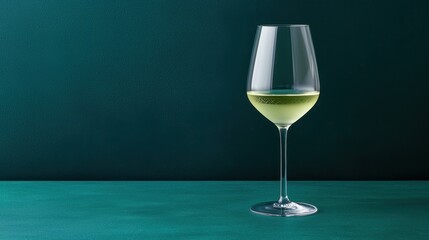 A glass of white wine sits elegantly on a green table against a dark green backdrop, highlighting its clarity and color.