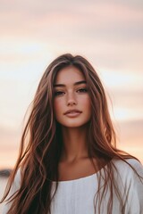 Fototapeta premium Serene woman long hair soft-focus pastel sky