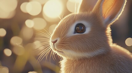 Gentle rabbit illuminated by soft golden light, showcasing delicate fur and bright, expressive eyes amidst a dreamy, blurred background of warm bokeh