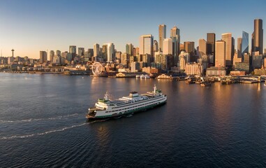 Seattle ferry glides through Puget Sound, past iconic skyline. Beautiful morning light. Waterfront,...