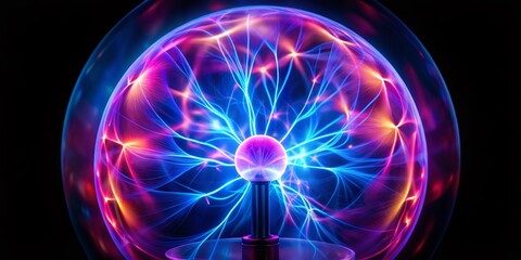 Plasma Globe Slow Motion: Electric Discharge, Energy Rays, Tesla Coil, Blue Purple Light Beams