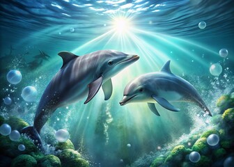 Fototapeta premium Playful Dolphins & Bubbles: Underwater Marine Mammal Scene