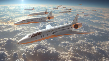 Obraz premium Futuristic planes soar above clouds