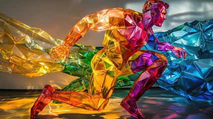Colorful geometric sculpture of a runner in motion with vibrant light reflections