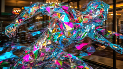 Fototapeta premium Colorful crystal statue of a running man in a modern interior with blurred background lights