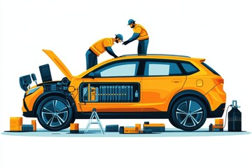 Naklejka premium Technicians Working on Electric Car Battery Inside Workshop